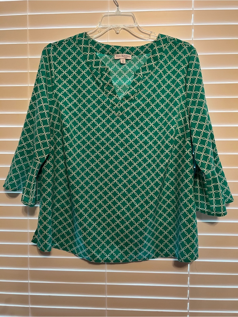 Kim Rogers Emerald Green Geometric V-Neck Bell Sleeve Tunic